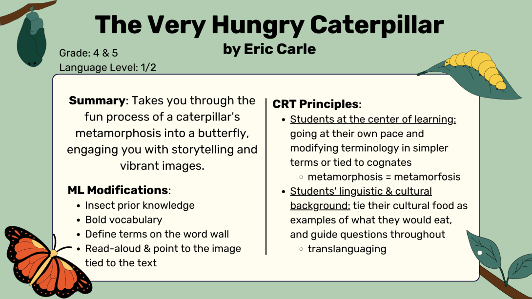 slideshow image describing the book the very hungry caterpillar with a summary at the top, ML modifciation in the bottom left corner, and principles to the right